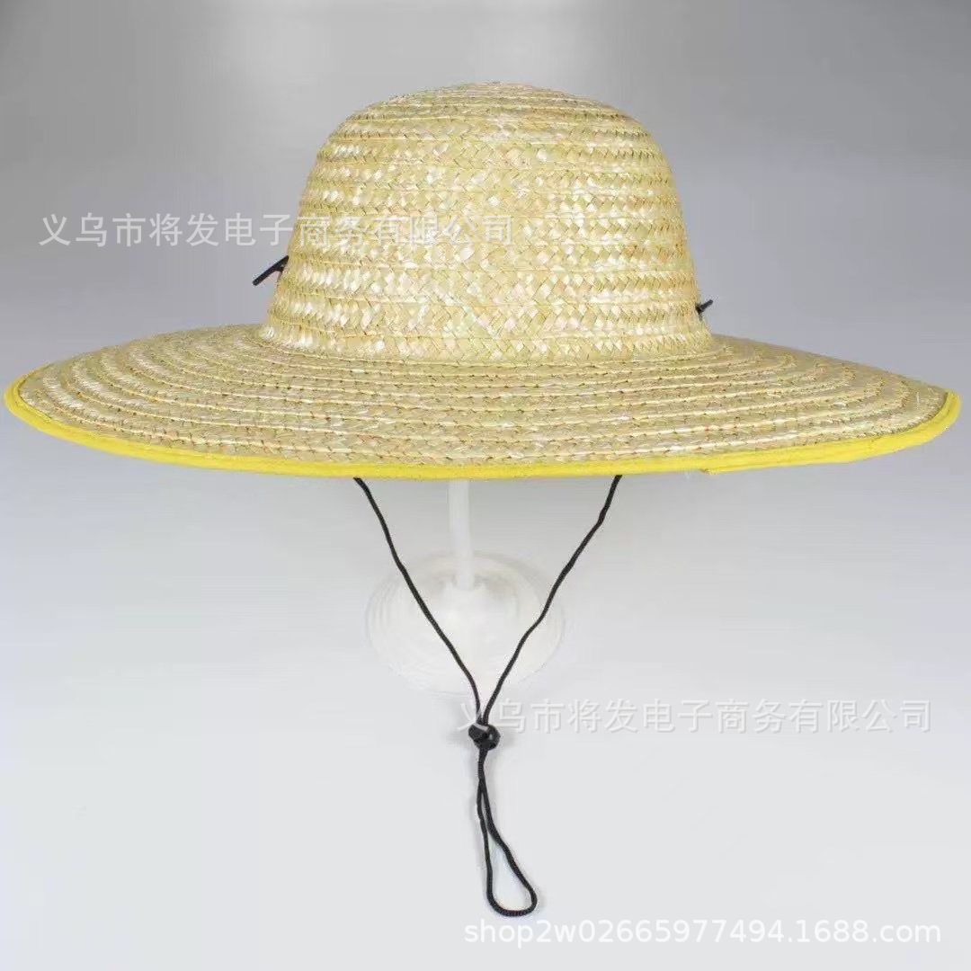 大簷麥稈草帽工地田園勞保帽子防曬帽遮陽釣魚帽寵物帽平頂草帽