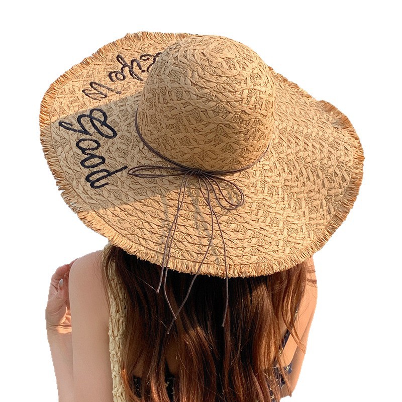 帽子女夏季字母刺繡毛邊大沿沙灘太陽帽出遊海邊度假防曬遮陽草帽 5