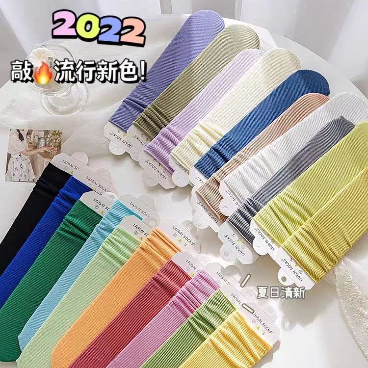 冰冰襪子女批發夏款夏季薄款中筒襪黑白色堆堆襪女冰絲襪夏天長襪 4