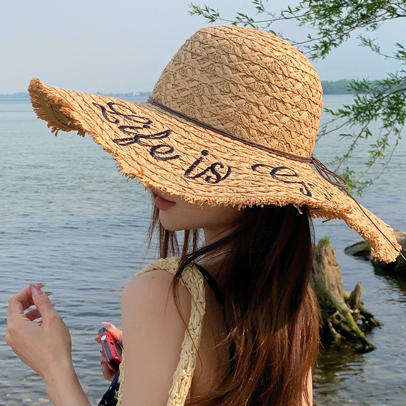 帽子女夏季字母刺繡毛邊大沿沙灘太陽帽出遊海邊度假防曬遮陽草帽 2
