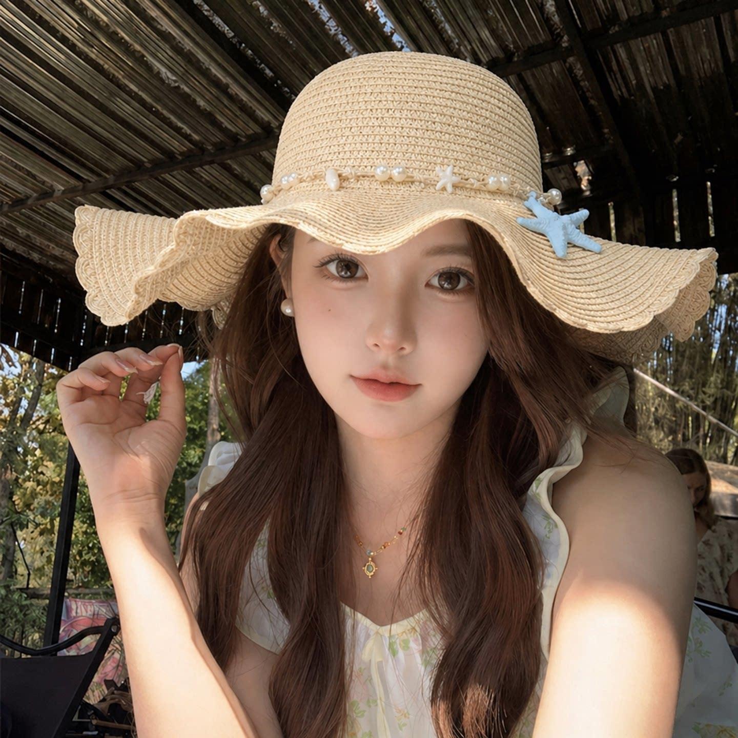 海邊度假風海星珍珠裝飾波浪邊寬簷草帽女夏防曬遮陽百搭出遊沙灘 1