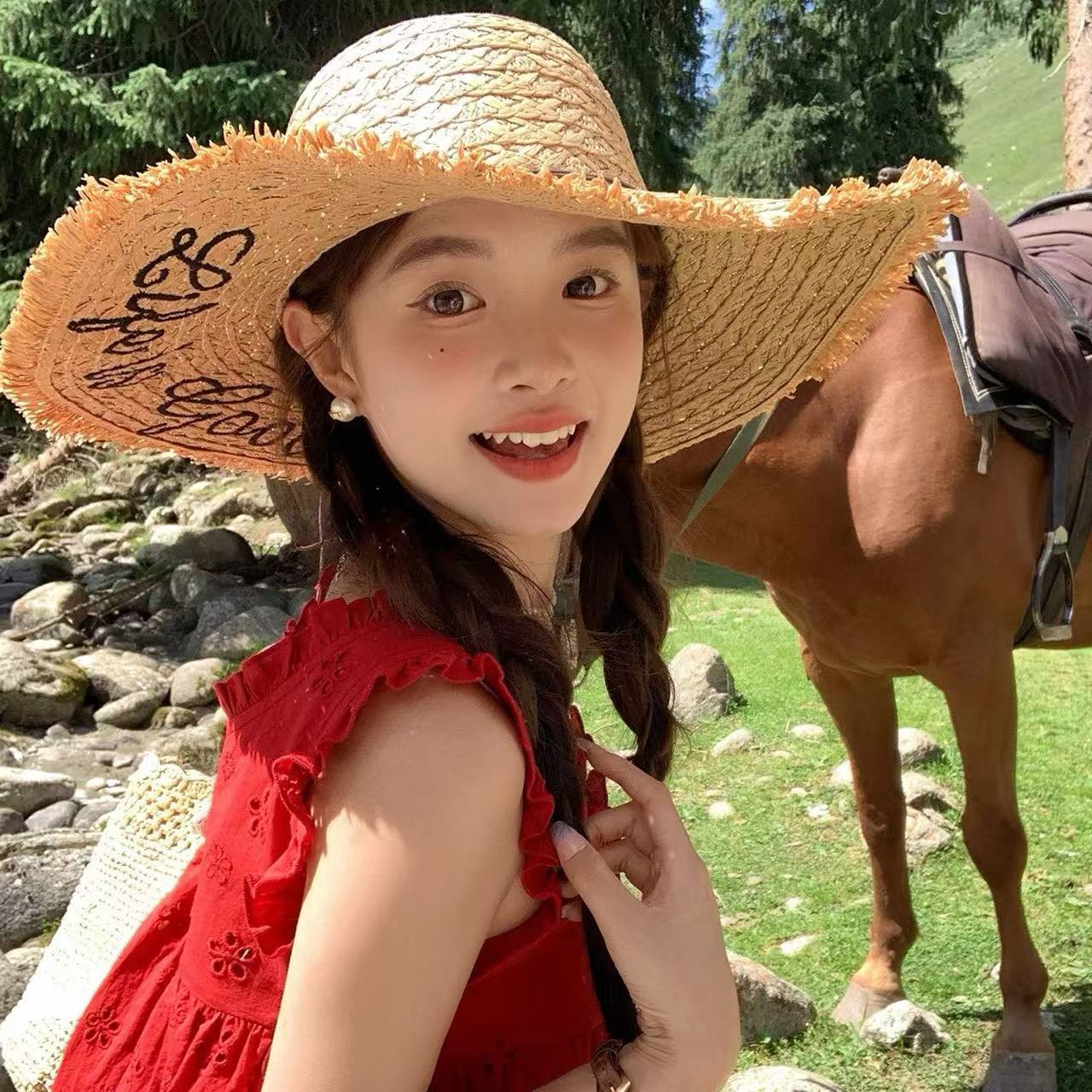 帽子女夏季字母刺繡毛邊大沿沙灘太陽帽出遊海邊度假防曬遮陽草帽