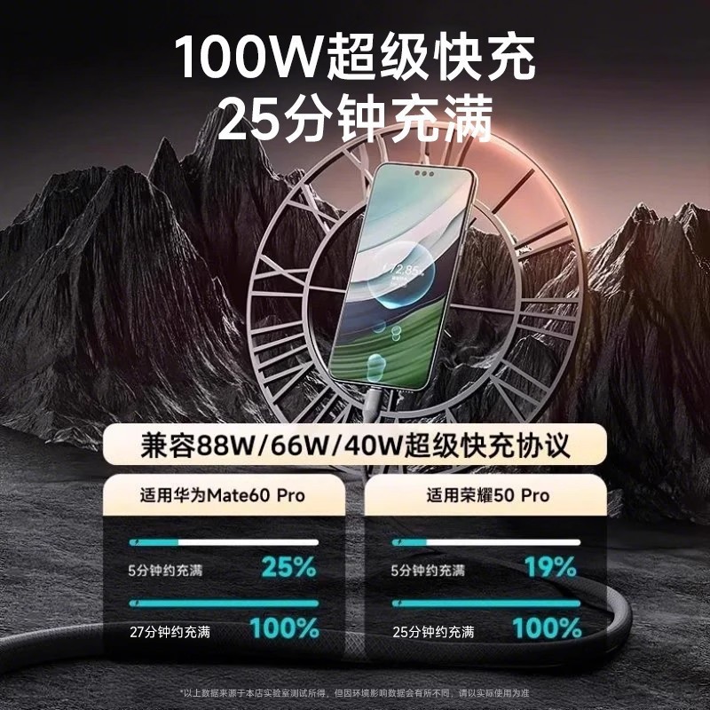 100W鎢金單頭數據線pd線USB線超級快充適用於華為蘋果手機充電線 3