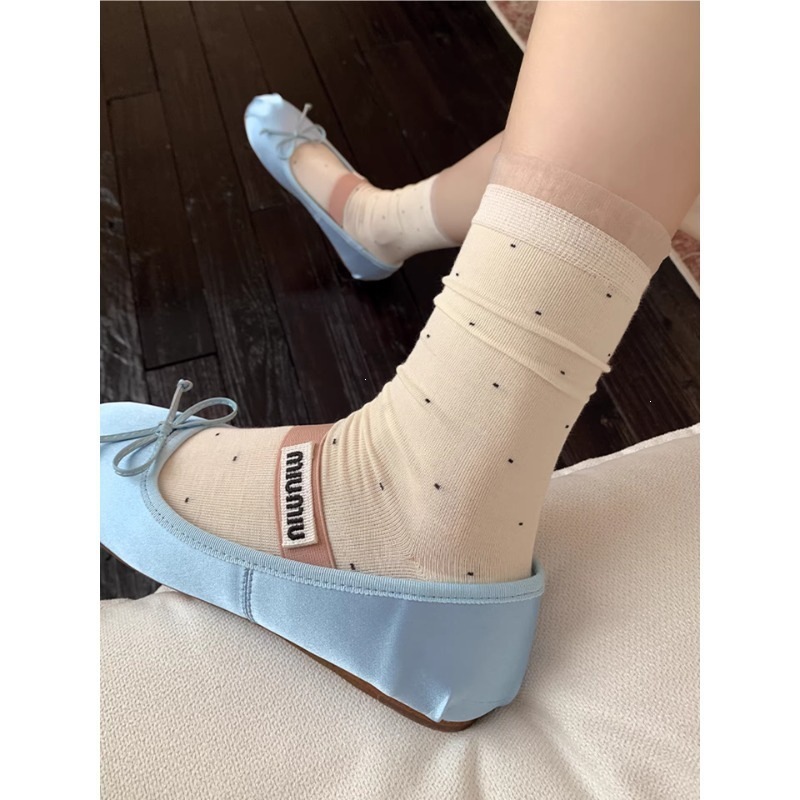 miu系白色波點襪子女中筒襪春秋款純棉花邊夏季薄款芭蕾風堆堆襪 3