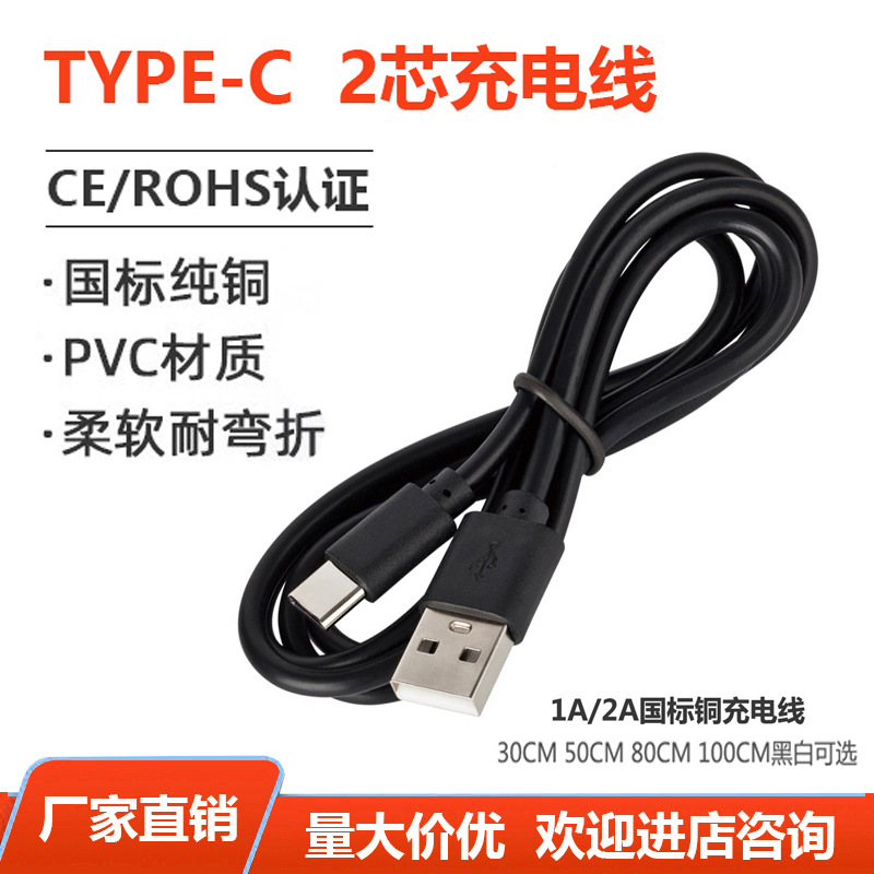 typec充電線2a純銅數據線type-c兩芯配機線適用於智能手錶充電線
